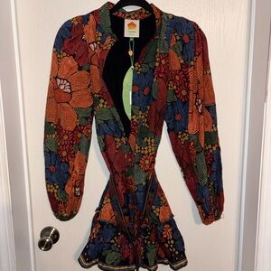 NWT Farm Rio Women Stitched Flowers Black Long Sleeve Mini Dress XXS